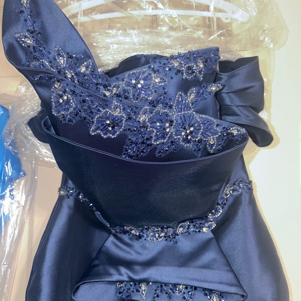 Terani Couture Navy Blue Embellished Maxi Dress.